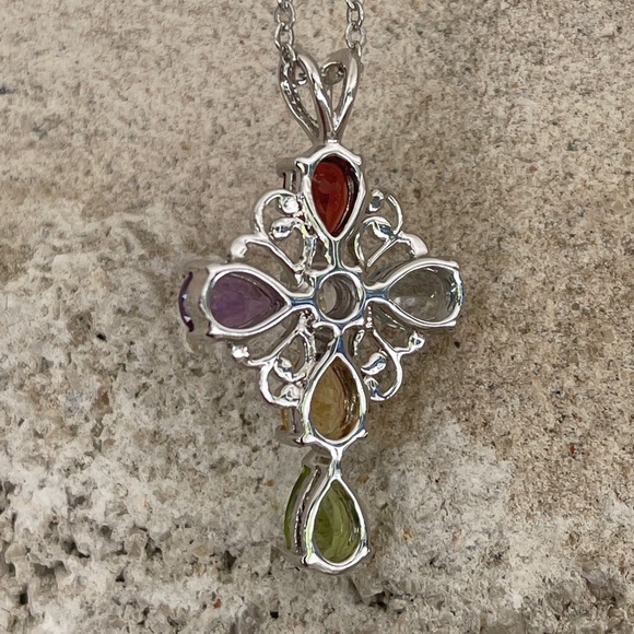 Silver tone jeweled cross colorful necklace - Picture 3 of 4